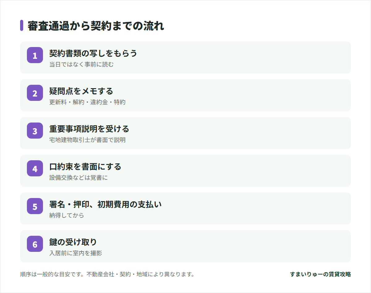 審査通過から契約までの流れ。契約書類の写しをもらう、疑問点をメモする、重要事項説明を受ける、口約束を書面にする、署名・押印、初期費用の支払い、鍵の受け取り。順序は一般的な目安です。不動産会社・契約・地域により異なります。